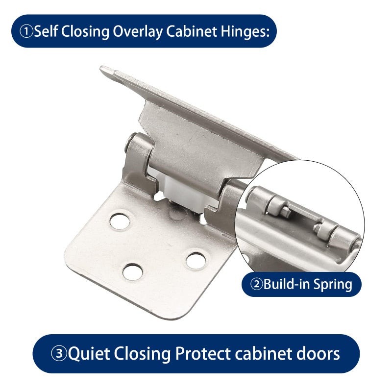 HOME MASTER HARDWARE 50 Packs (25 Pairs) 1/2" Inset Satin Nickel Cabinet Hinges, Self Closing Cabinet Door Hinges with Door Bumper, Semi-Concealed Hinges for Kitchen/Furniture Cabinets & Doors - Image 3